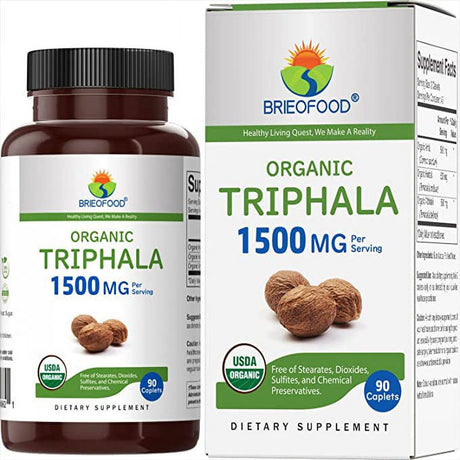 Brieofood Organic Triphala 1500Mg, 45 Servings, Vegetarian, Gluten Free, 90 Vegetarian Tablets