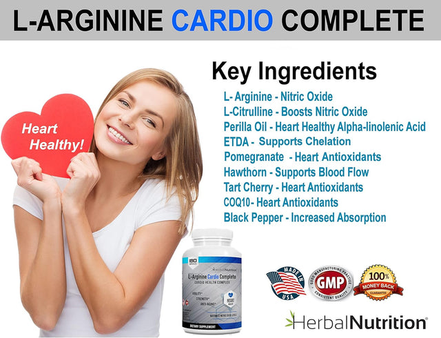 L-Arginine Cardio Complete, Nitric Oxide Booster, 1500Mg Cardio Support Blend plus L-Citrulline, Vitamins Minerals Supports Cardio Health, BP, Energy, Nitric Oxide, One Bottles 180 Caps