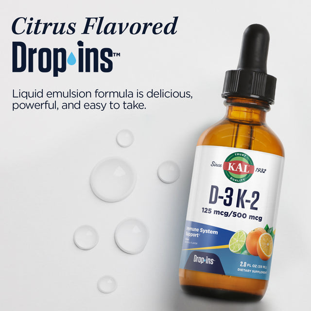 KAL D-3 K-2 Dropins 5000 IU (500 MCG) | Healthy Bones, Heart & Immune Support | Citrus Flavor | 59 Servings, 2 FL OZ