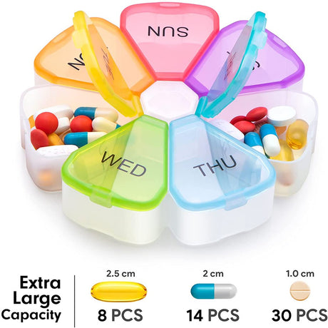 Large Weekly Pill Organizer, XL 7 Day Portable Pill Box Case for Vitamin, Cod Liver Oil, Pills, Supplements, Flower Medicine Organizer-Arthritis Friendly