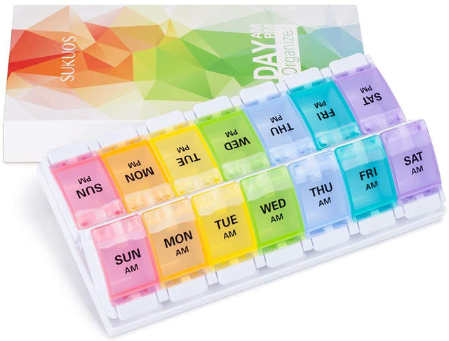 Sukuos 7 Day Weekly Pill Organizer with 2 Times a Day Compartment - AM PM, Pill Holder, Daily Pill Box Planner for Pills, Vitamins, Fish Oil, Supplements, Large with Moisture Proof, Rainbow