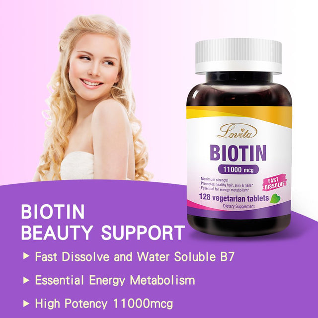 Lovita Biotin High Potency 11000Mcg, 128 Days-Supply, Fast Dissolvable Vitamins B7 for Skin and Nails & Hair Health, Vegetarian Dissolvable Tablets