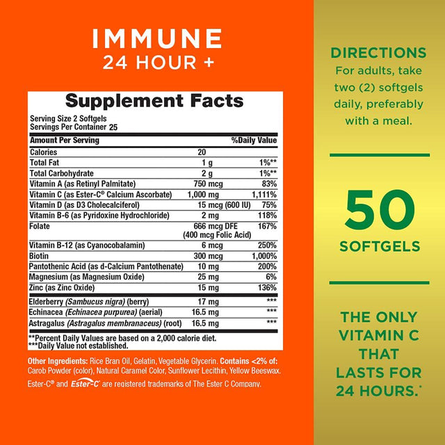 Nature'S Bounty Immune 24 Hour + Vitamin C Softgels 1000Mg, 50 Count - Pack of 4