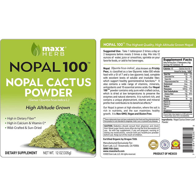 Maxx Herb Nopal Cactus Leaf Organic Fiber Powder for Gut Health & Immune Support, 12 Oz