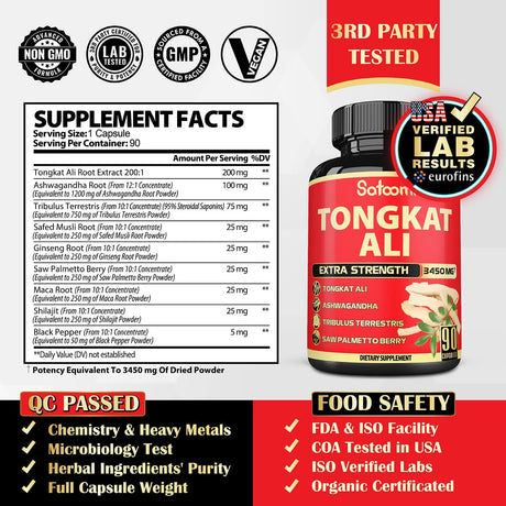 Satoomi Natural Tongkat Ali Root Extract 200:1 - 9 Essential Herbs Equivalent to 3450Mg - Support Strength, Energy and Healthy Immune - 1 Pack 90 Vegan Caps 3 Month Supply