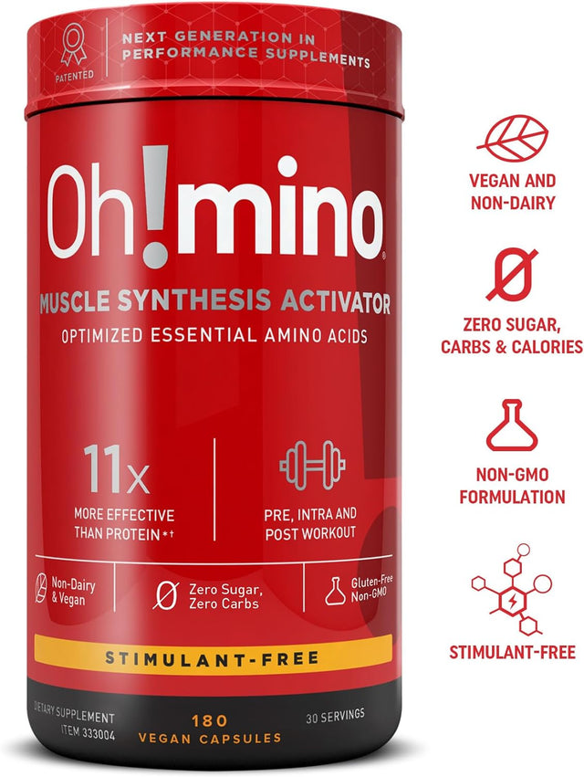 Oh!Mino Amino Acids Supplement, Ultimate Muscle Synthesis Activator, Pre and Post Workout Vitamins for Body Conditioning and Muscle Recovery, 180 Vegan Muscle Builder Capsules - Oh!Nutrition