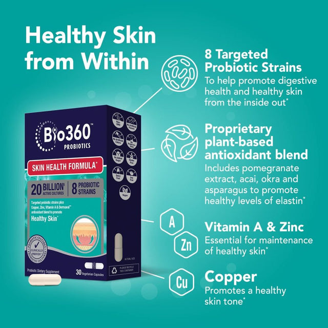 Bio360 Probiotics | Skin Health Formula | Daily Vegan Probiotic with Targeted Strains & Dermaval Antioxidant Blend | 30 Supplements