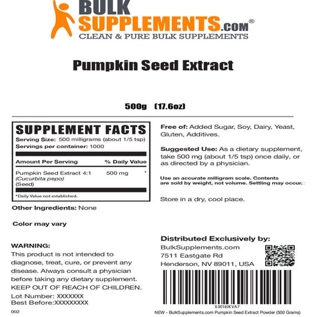 Bulksupplements.Com Pumpkin Seed Extract Powder - Prostate Supplements for Men - Soluble Fiber Supplements - Pumpkin Powder (500 Grams - 1.1 Lbs)