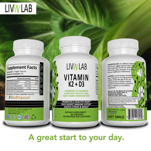 Livin Lab Vitamin K2 D3 |Healthy Immune Support & Improve Mood | Helps Reduce Wrinkles | EASY-TO-SWALLOW 60 Veggie Capsule | USA