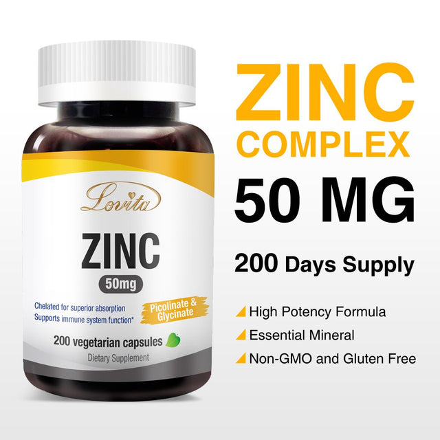 Lovita Zinc 50Mg | Potent Highly-Absorbed Chelated Zinc Supplements, Picolinate & Bisglycinate | Vegan, Gluten Free, Non-Gmo | for Immune, Antioxidant Support & Healthy Skin | 200 Capsules (Pack of 3)