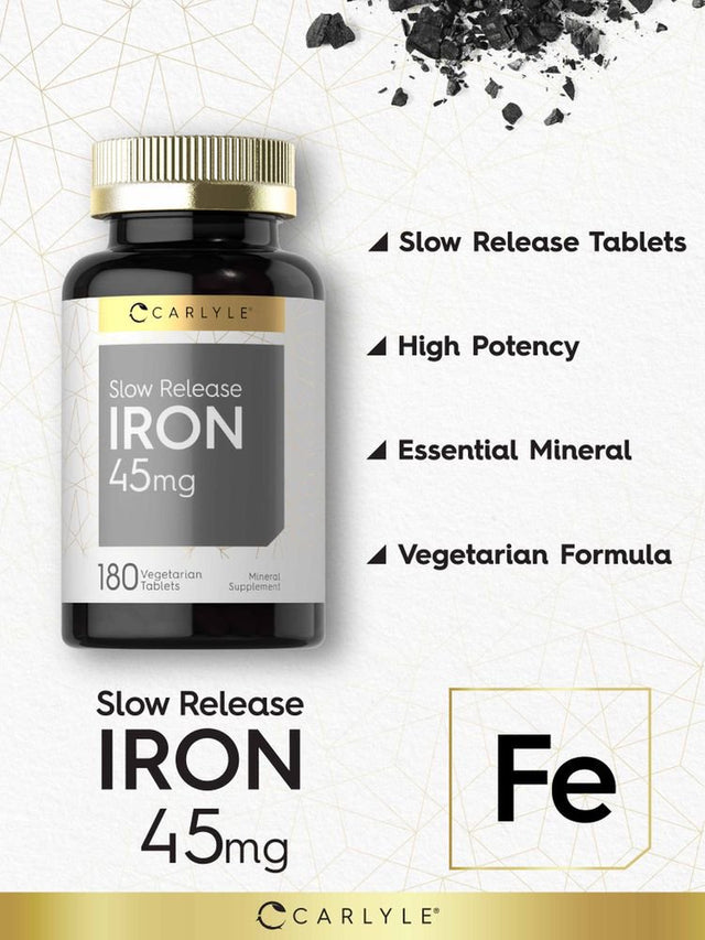 Slow Release Iron 45 Mg | 180 Tablets | Vegetarian Formula | Ferrous Sulfate | by Carlyle