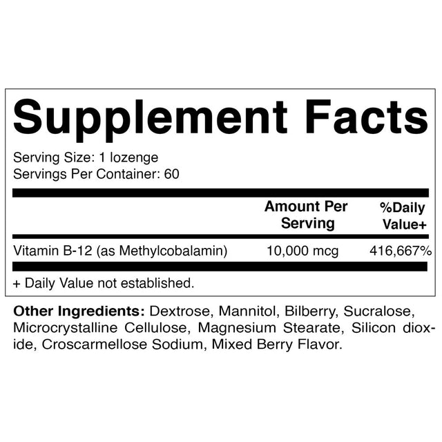 Vitamatic Methyl B12 (Methylcobalamin) 10,000 Mcg 60 Lozenges - Superior Source of Vitamin B12