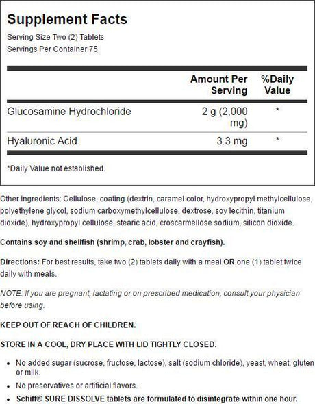 Schiff Glucosamine + Hyaluronic Acid Tablets, 2000 Mg. 150 Ct