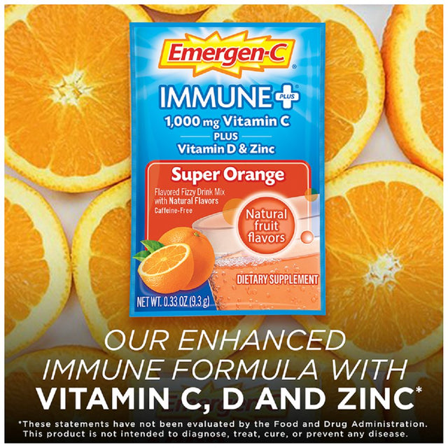 Emergen-C Immune+ 1000Mg Vitamin C Powder, with Vitamin D, Zinc, Antioxidants and Electrolytes, Immune Support Dietary Supplement, Super Orange and Raspberry Flavors - 70 Count