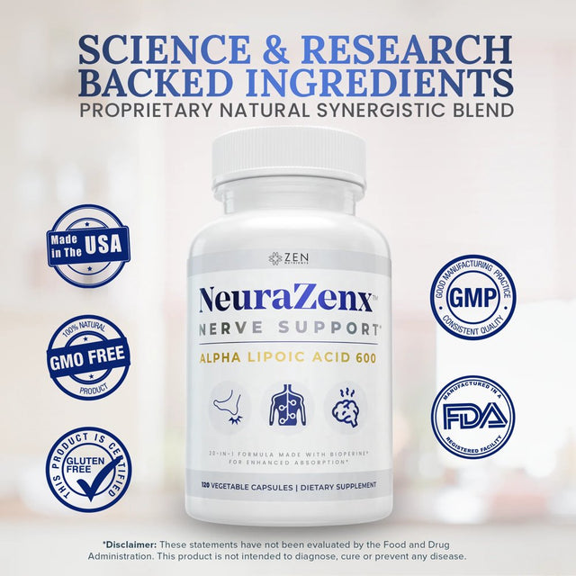 Neurazenx® Nerve Support with Alpha-Lipoic Acid (1200Mg), Benfotiamine, Organic Turmeric, B Complex Vitamins