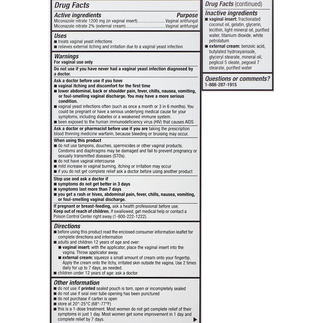 Equate Miconazole 1 Day, Miconazole Nitrate Vaginal Insert and Cream (1200 Mg)