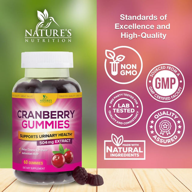 Nature'S Nutrition Cranberry Urinary Tract Health Gummies + Vitamin C - 25,000Mg - Triple Strength Cranberry Concentrate Extract Supplement Pills, Ultimate Potency, Non-Gmo, Gluten Free - 60 Gummies