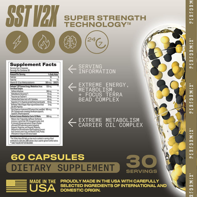 PERFORMIX - SST V3X - Pre Workout - 350 Mg Caffeine - Energy Supplements - No Crash - Fitness Goals - Nootropic - Timed-Release for All Day Focus, Mood & Energy Boost - Men & Women - 60 Capsules