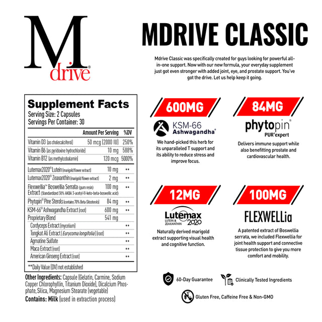 Mdrive Classic Testosterone Booster for Men, Support Healthy Prostate, Eyes, Joint, Energy, Stress Relief, KSM-66 Ashwagandha, Beta-Sitosterols, Lutein, Zeaxanthin, Boswellia, 60 Capsules