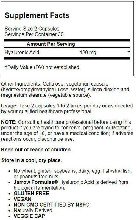 Jarrow Formulas Vegan Hyaluronic Acid, 120 Mg, 60 Veggie Capsules (60 Mg per Capsule)