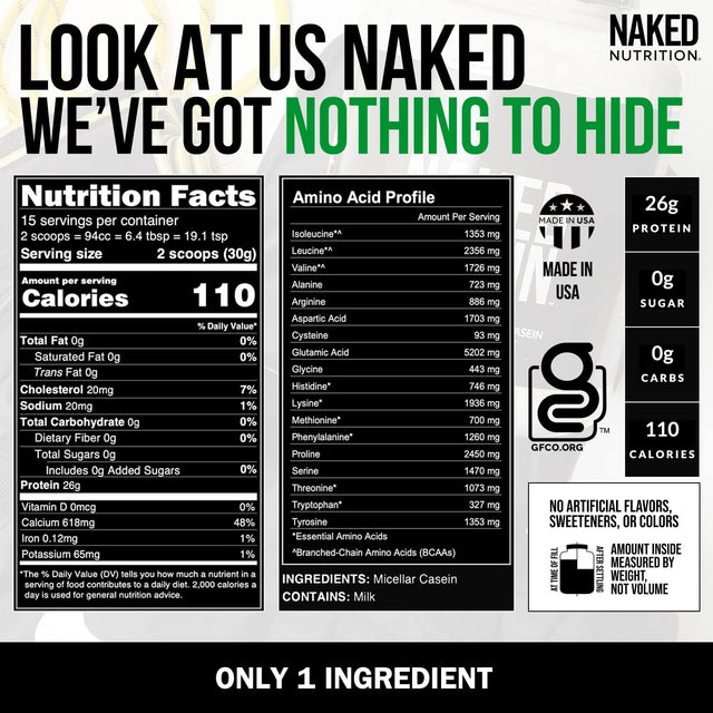 NAKED Nutrition Naked Casein - 1Lb Micellar Casein Protein - Bulk, Gmo-Free, Gluten Free, Soy Free, Preservative Free - Stimulate Muscle Growth - Enhance Recovery - 15 Servings