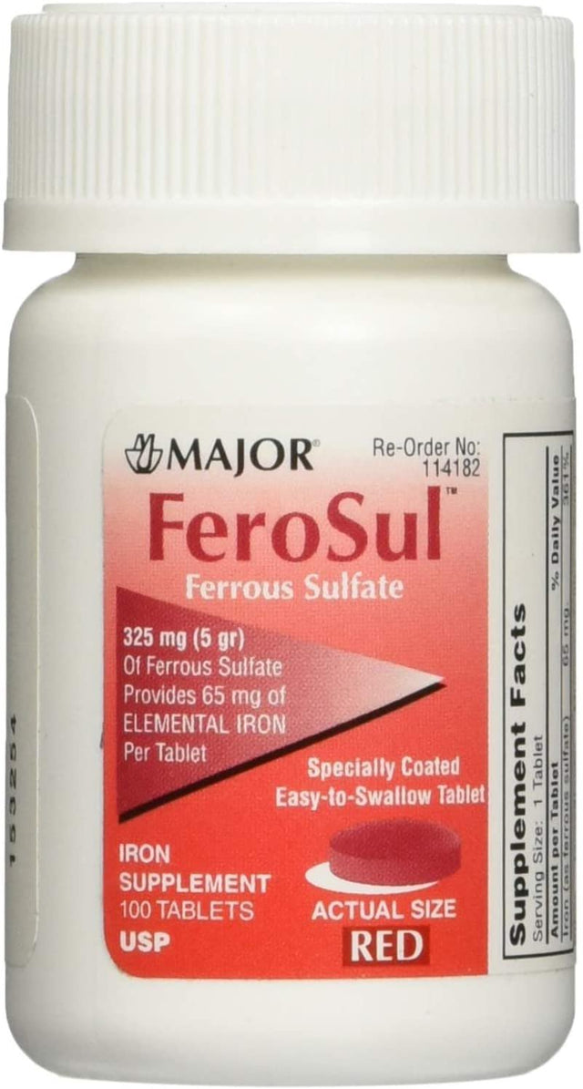 Major Ferosul Ferrous Sulfate 325Mg Iron Supplement 100 Tablets | Iron Pills | Blood Builder Iron Supplement for Women and Men | Iron Supplements for Anemia | Blood Circulation Supplements