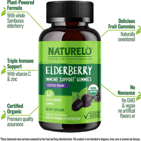 NATURELO Elderberry Gummies – Immune Support with Sambucus Elderberry + Vitamin C + Zinc – Certified Organic, 60Ct