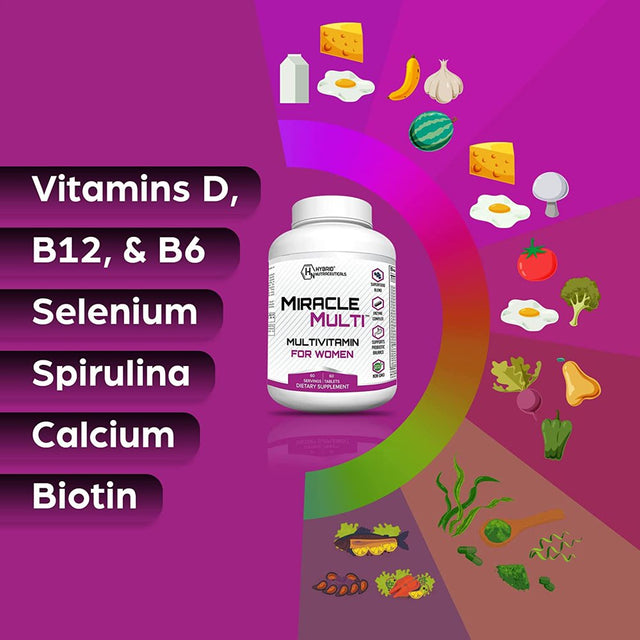 Miraclemulti Multivitamin Supplement for Women - Daily Vitamins and Minerals with Probiotics, Vitamin D3, Biotin, Folic Acid + 42 Fruit & Vegetable Blend - 60 Tablets