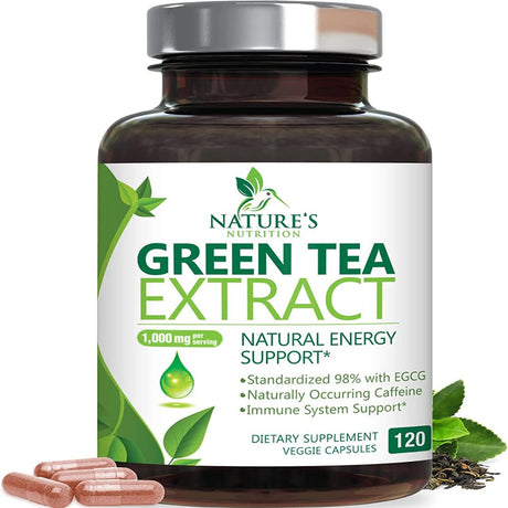 Green Tea Extract Capsules 1000Mg 98% Standardized EGCG - 3X Strength for Natural Energy - Heart Support with Polyphenols - Gentle Caffeine - 120 Capsules