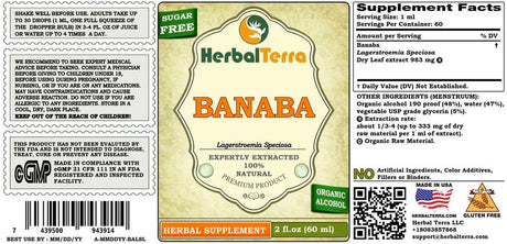 Banaba, Nicker Bean (Lagerstroemia Speciosa) Dried Leaf Liquid Extract (Brand Name: Herbalterra, Proudly Made in USA) 2 Oz