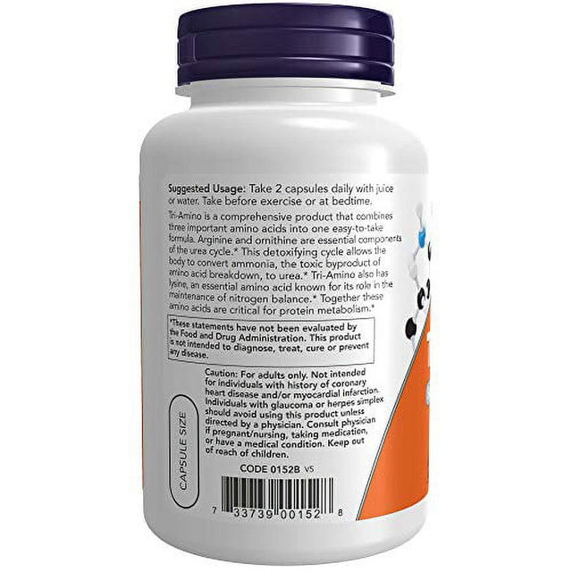 NOW Supplements, Tri-Amino with L-Arginine, L-Ornithine, L-Lysine, Supports Protein Metabolism*, 120 Capsules