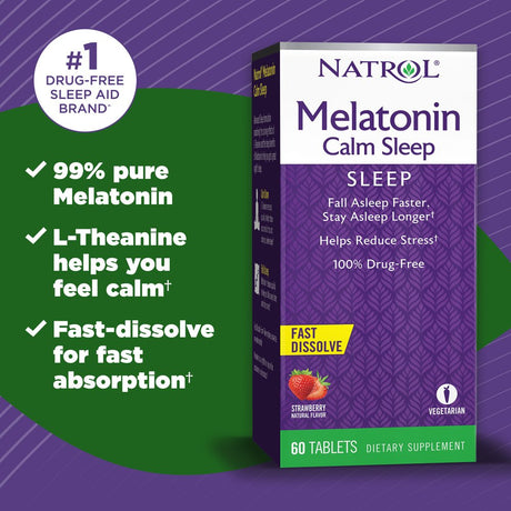 Natrol Melatonin Calm Sleep Aid Fast Dissolve Tablets, Strawberry, 6Mg, 60 Count