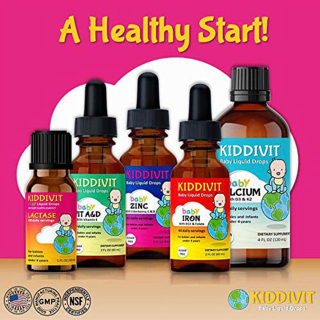 Kiddivit Baby Calcium Liquid Drops with Vitamin D3 & K2-24 Daily Servings, 4 Fl Oz (120 Ml) - Inulin Fortified (Prebiotic, Dietary Fiber) - Sugar Free, Gluten Free, Vegetarian Friendly