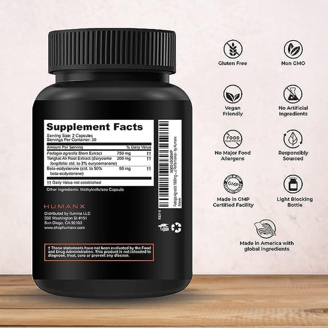 Fadogia Agrestis, Tongkat Ali & Beta Ecdysterone 1000Mg - USA Third Party Tested Supplement - Powerful Extracts to Support Athletic Performance & Muscle Mass - Veggie Capsules Supplements