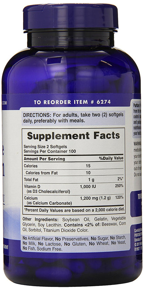 Puritan'S Pride Absorbable Calcium with Vitamin D 3 1000Iu Softgels, 1200 Mg, 200 Count