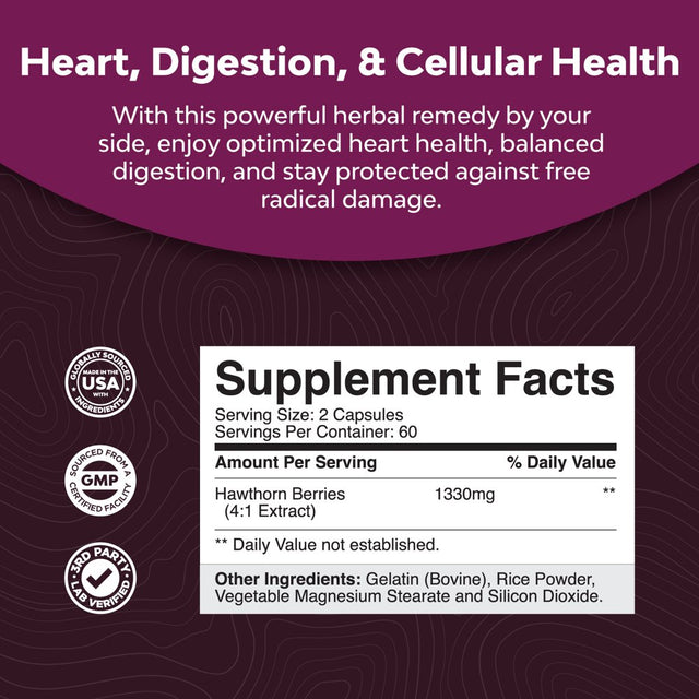 Extra Strength Hawthorn Berry Capsules - 1330Mg per Serving 4:1 Hawthorn Extract Digestion and Heart Health Supplement - Non-Gmo Hawthorn Berry Extract Plant Polyphenols Supplement for Men and Women