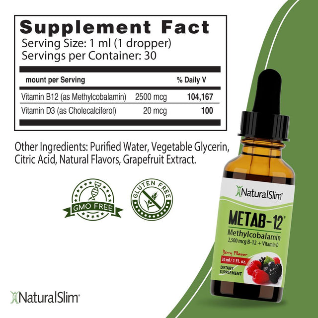 Naturalslim Metab-12® Vitamin B12 Methylcobalamin Liquid Drops with Vitamin D - Berry Flavor, 30 Ml