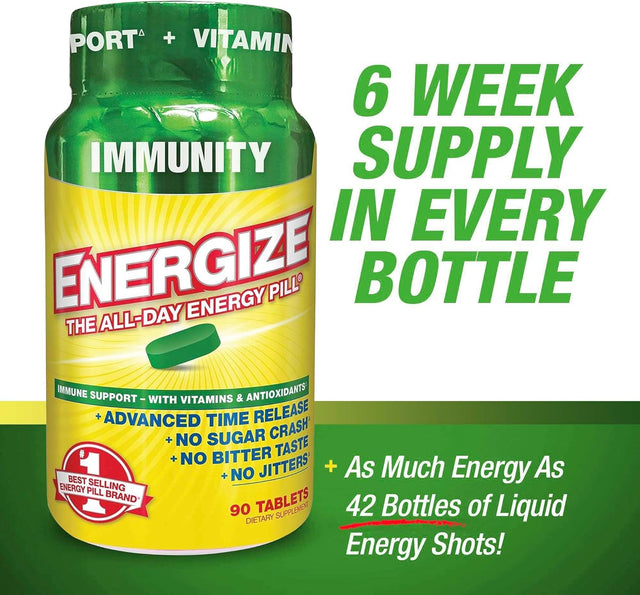 Energize Immunity Caffeine Pills, Energy & Immune Support, Fast Acting, Long-Lasting with Time Release Caffeine, Nootropics, Vitamins, Super Greens & Bcaas, No Jitters, No Crash (90 Tablets)