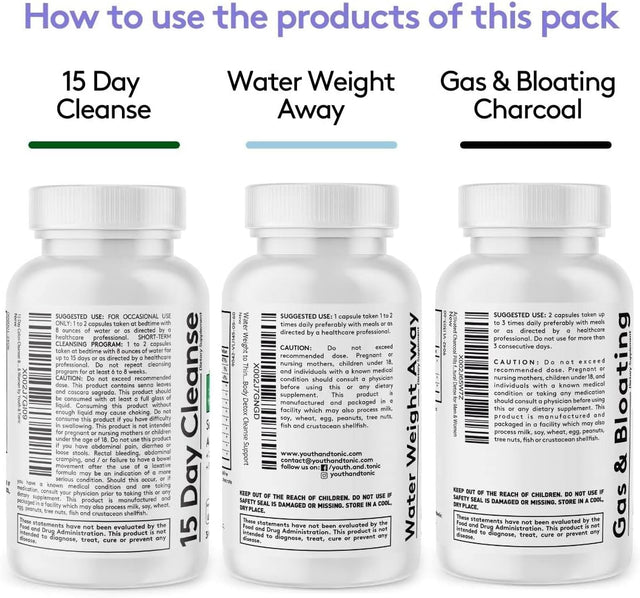 Youth & Tonic 3X Belly Bloating Pills for Puffiness, Water Debloat, Stomach, Gut & Colon Cleanse Detox | with Liquid Activated Charcoal, Coconut & Peppermint Oil, Senna Leaf & More | 150 Capsules