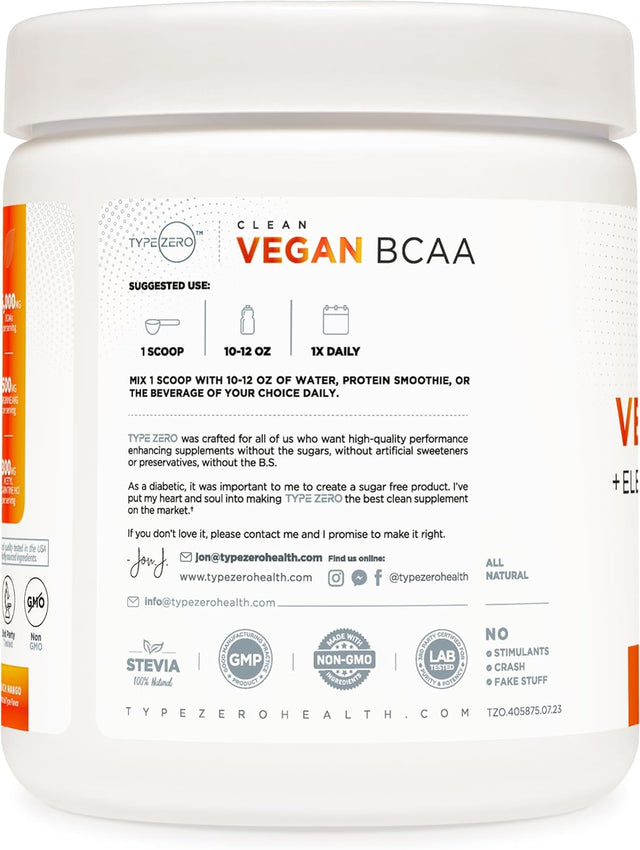 Ultra Clean Vegan BCAA Powder + Electrolytes (Peach Mango | 6G) 2:1:1 Sugar-Free/No Sucralose Bcaas Amino Acids Supplement for Women/Men - Best BCAA Vegan Amino Acids after Post Workout Recovery Drink