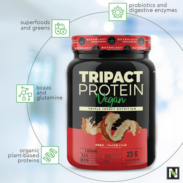 Tripact Vegan Protein Powder - Non-Gmo, Organic Plant Based Proteins-Superfoods, Greens, Probiotics-Bcaas & Glutamine, Vegan - No Artificial Colors or Flavors - Peanut Butter Vanilla