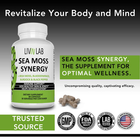 Livin Lab Sea Moss Synergy - Organic Irish Moss, Burdock Root, and Bladderwrack Capsules - Immune System, Gut Cleanse & Thyroid Supplement - All-Natural Sea Moss Powder