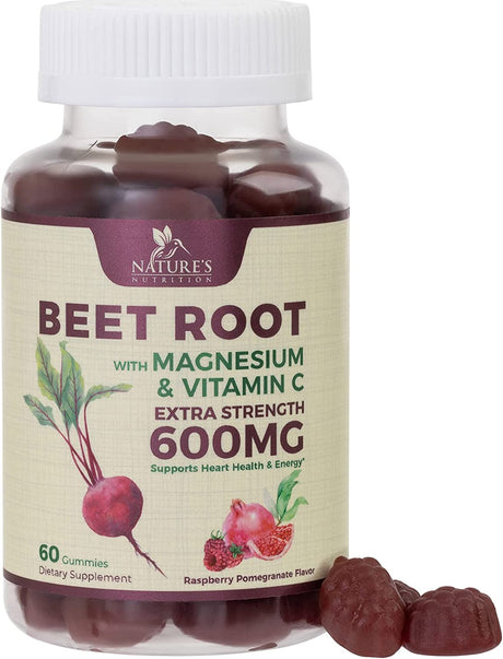 Nature'S Nutrition Beet Chews Gummies with Beetroot - Energy & Heart Health Support, Natural Nitric Oxide Production Support, Superfood Beets Soft Chews Gummy Supplement - 60 Count Beet Root Gummies