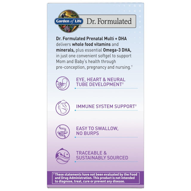 Garden of Life Dr. Formulated Prenatal Multi + DHA | for Mom'S Nutrition & Baby'S Development| Once Daily | Folate & Iron | 30Ct