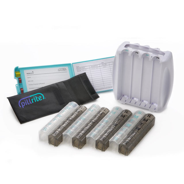 Pillrite - Monthly Pill Organizer, Twice Daily AM and PM, 4 Week Pillbox. Easy and Simple to Use Dispenser for Medications and Vitamins. Storage Compartment for Medical Information. Free Travel Bag.