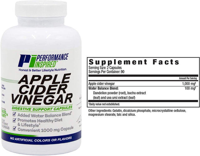 Performance Inspired Nutrition Apple Cider Vinegar Natural Capsules Supports Healthy Weight Loss - Blood Sugar & Immune System - Water Balance - Big- 180 Count