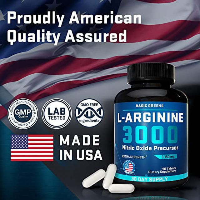 BASIC GREENS L Arginine 3,150Mg (90 Tablets) L-Arginine Supplement for Men and Women with Nitric Oxide Precursor | L Arginine Supplement Pills for Men, Sport, Workout, Made in the USA