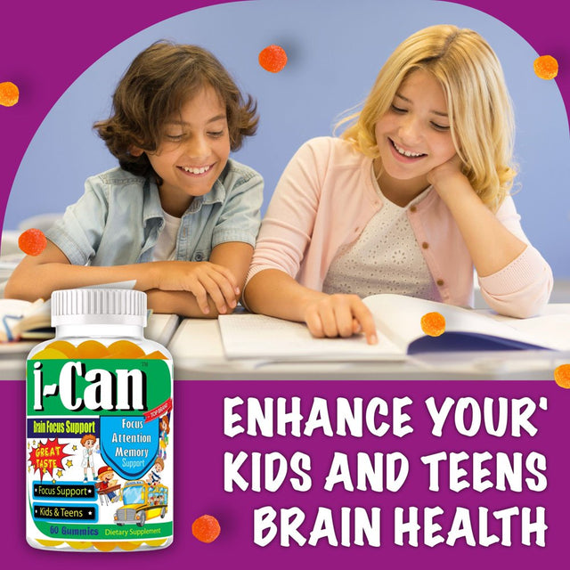 I-Can Brain Focus Supplements for Kids & Teens, Memory Booster Brain Vitamins with Omega 3 6 9, EPA DHA- 60 Gummy Vitamins