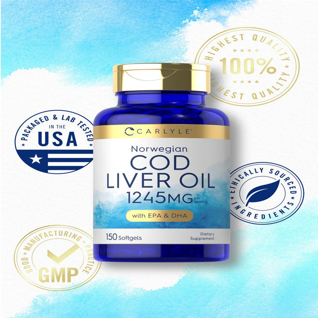 Norwegian Cod Liver Oil Softgels with EPA & DHA 1245Mg | 150 Count | Liquid Capsules | by Carlyle