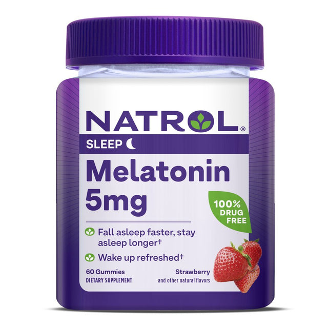 Natrol Melatonin Sleep Aid Gummies, Fall Asleep Faster, Strawberry, 5Mg, 60 Count